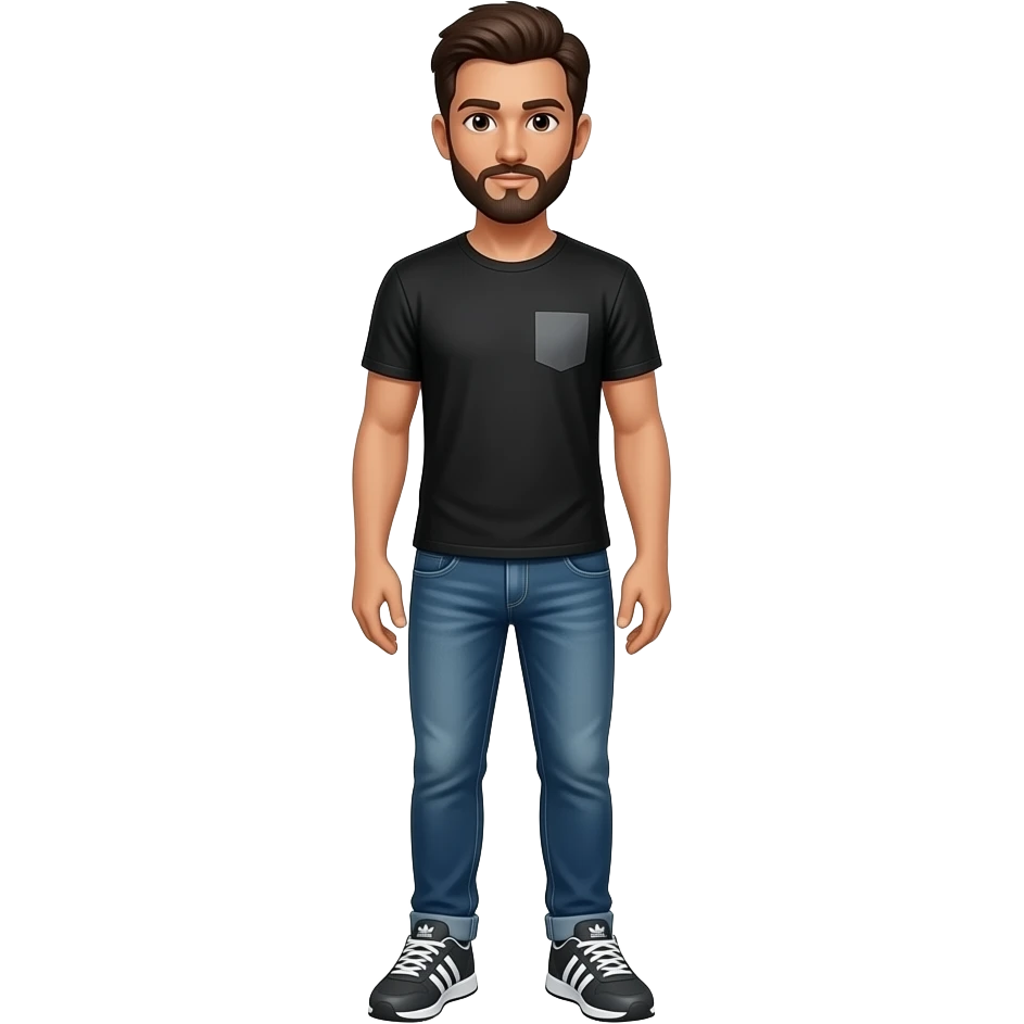 standing male, medium skin tone, dark brown hair, short beard and mustache, standing, wearing classy jeans, a faded black / gunmetal gray t-shirt and jeans and nice adidas shoes (the flatter style) with a cool color combination on the shoes emoji