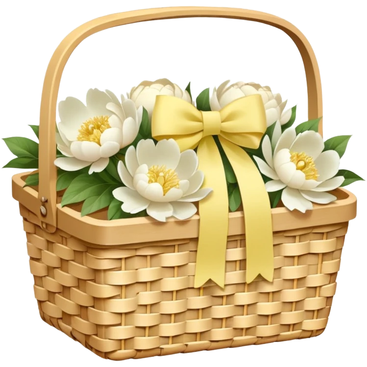 White Picnic basket with pastel yellow bow and white peonies inside emoji