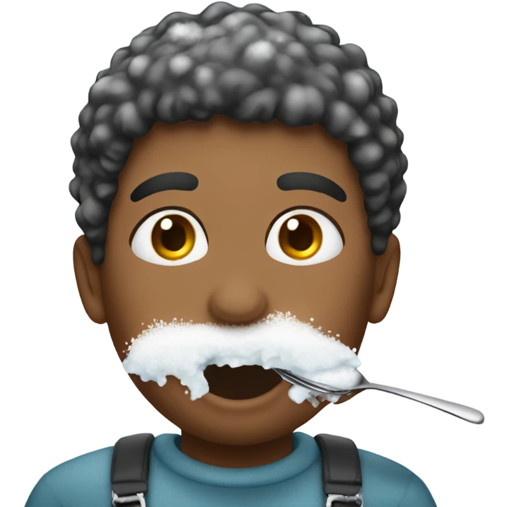 person eating snow and has a spoon full of snow with snow all over their mouth  emoji
