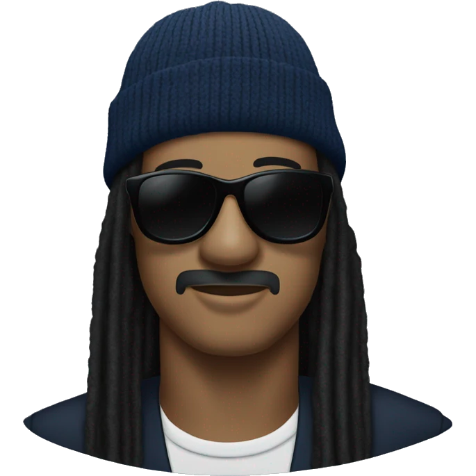Stevie wonder with dark sunglasses and black dreadlocks under a  navy blue beanie emoji