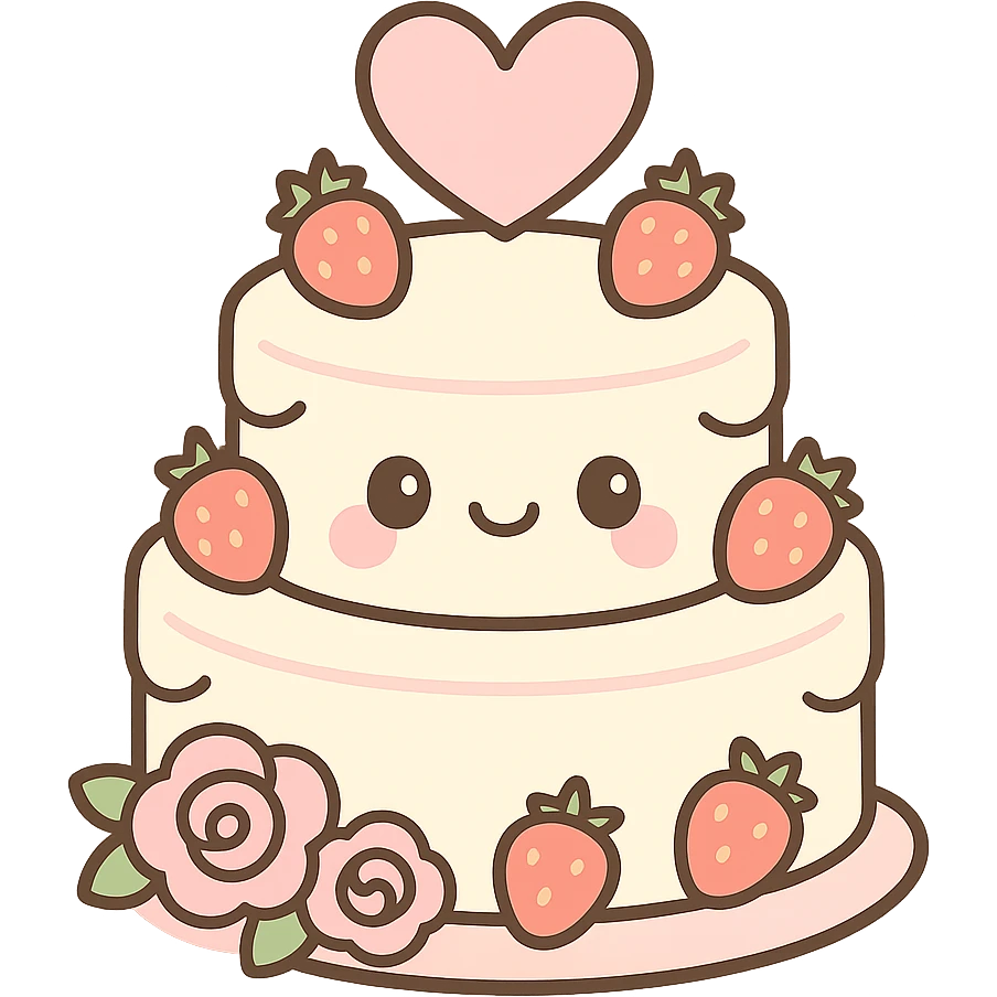 white wedding cake with strawberries, pink roses, heart topper, kawaii style emoji