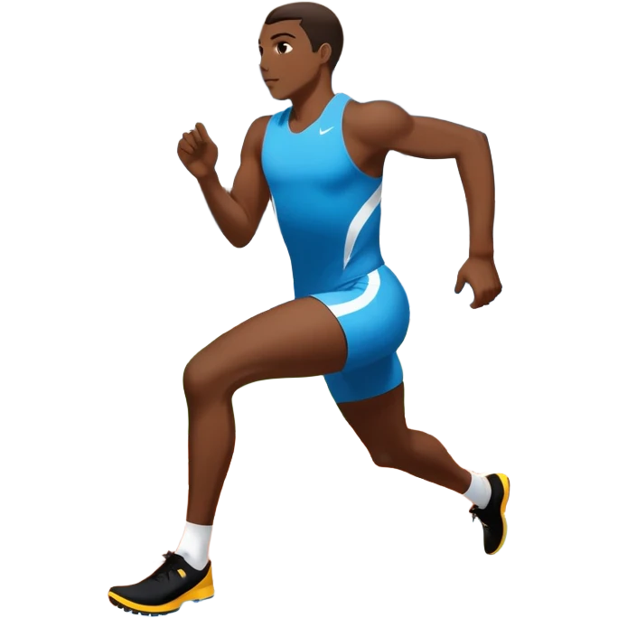 An icon symbolizing professional running: a dynamic sprinting athlete in motion on a track, leaving motion lines behind. The background features a large stadium with cheering crowds, a digital timer, and a clear blue sky. Transparent background emphasizes speed, endurance, and competition. emoji
