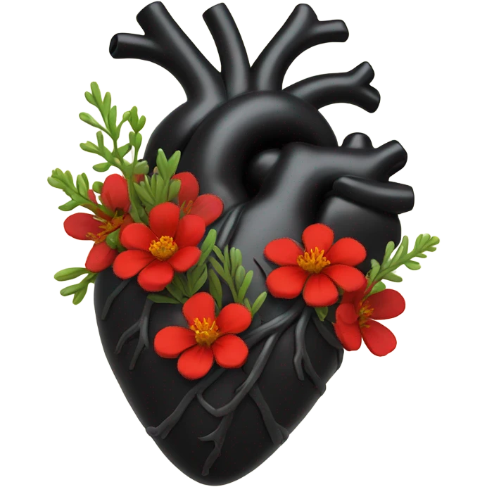 black anatomical heart with red wildflowers emoji