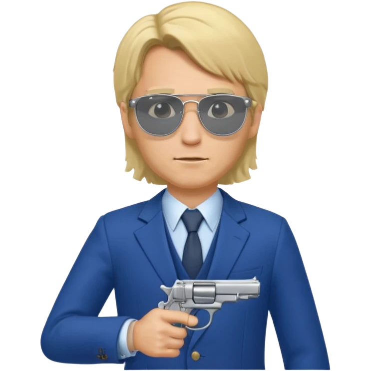 A blond man in a blue suit with a Colt pointing forward. The audience , and long hair and Rayban glasses emoji