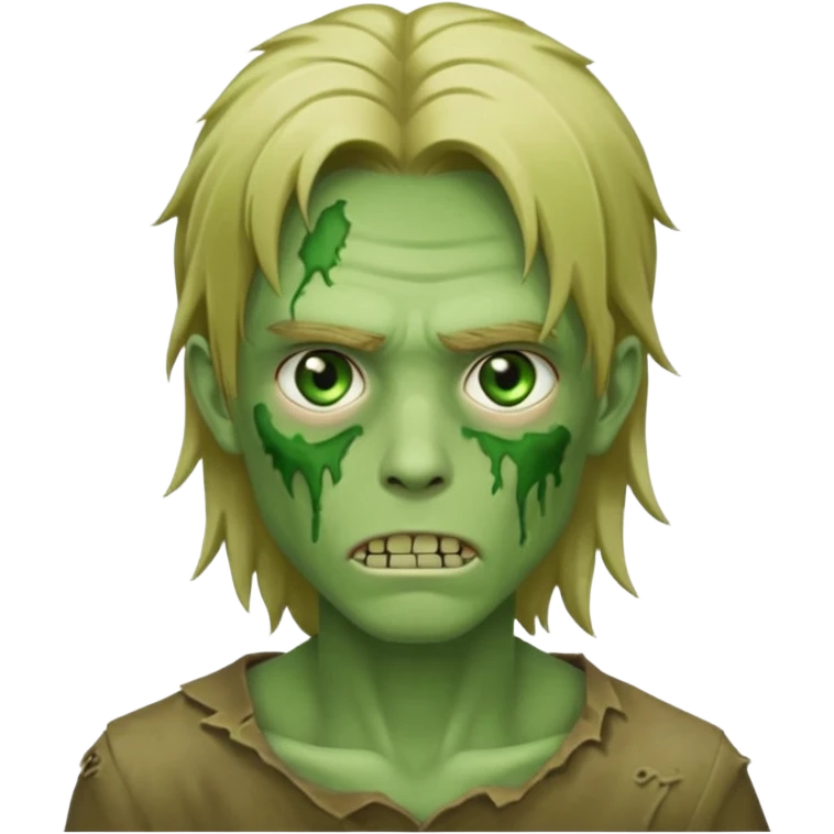 green zombie, handsome male, dirty blonde long anime hair, green eyes, subtle facial scars, iOS emoji style emoji