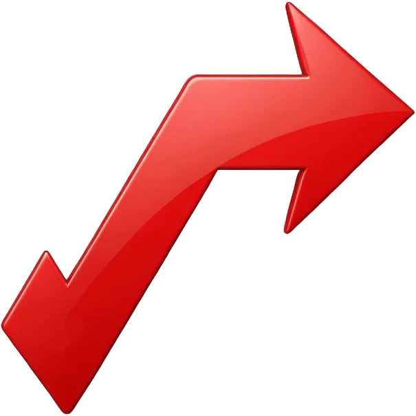 iOS-style 3D emoji: upward-pointing arrow with a zigzag line chart shape, glossy red surface, thick beveled edges, soft shadow, no text, no face emoji