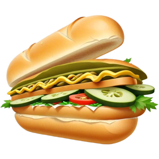 Cinematic Realistic B√°nh m√¨ Sandwich Dish Emoji, showcasing a crusty baguette filled with savory meats, pickles, and fresh herbs rendered with dynamic detail and appetizing lighting. emoji