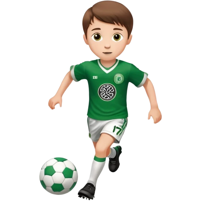 Celtic footballer jersey logo  6 years old brown hair white boy , brown eyes , stripes uniform , RUNNING  with soccer ball # 17 celtic football logo PUT ONLY ONE LOGO ONE CELTIC LOGO ONLY white shorts emoji