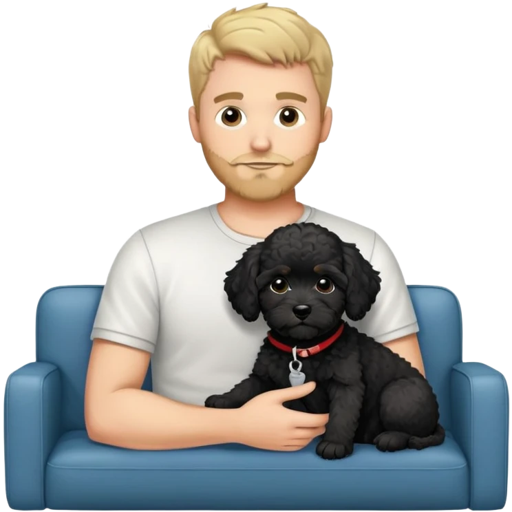 34 year old man with short straight salt and pepper hair hanging out with his black cavapoo puppy with a white chest on the sofa emoji