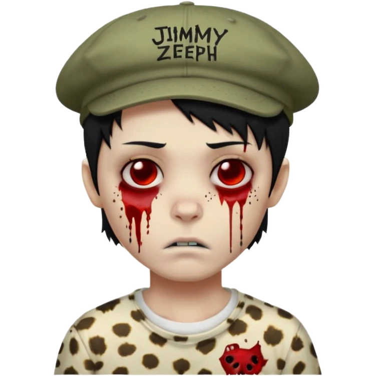 Zombie Boy with black hair and a little blood on his face and sleepy eyes and a cap that has the phrase #jimmy written on it , and a shirt with cheetah texture emoji emo emoji