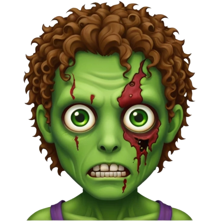 Generate an emoji-style image with a white background of a green-skinned zombie. The zombie should have visible facial wounds, curly brown hair with highlights, green eyes, and a shaved line in the left eyebrow. emoji