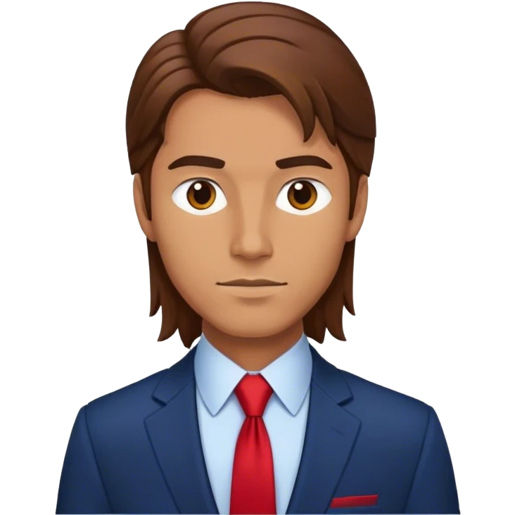 man with long brown hair in a dark blue suit with a red tie emoji