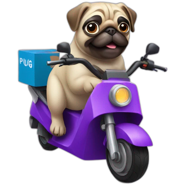 a pug on a purple electric motorbike making a delivery emoji