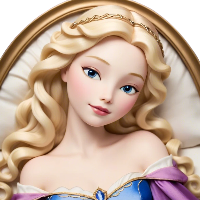 Cinematic Realistic Sleeping Beauty (Aurora) Portrait, with porcelain-like skin featuring a natural rosy flush, illuminated by soft lighting that highlights the gentle contours of her face. Her golden blonde hair flows in soft, detailed waves with subtle highlights that shimmer in the light. Her deep violet-blue eyes radiate warmth and innocence, framed by arched brows and long lashes. With a soft, serene smile, she holds a delicate rose gently in one hand, her other hand resting lightly by her side. She is dressed in her classic pink gown, the fabric rich in texture with delicate folds that catch the light. A golden crown rests atop her head, gleaming with royal refinement. The portrait captures a soft, glowing aura, blending realism with an ethereal sense of beauty and timeless enchantment. emoji