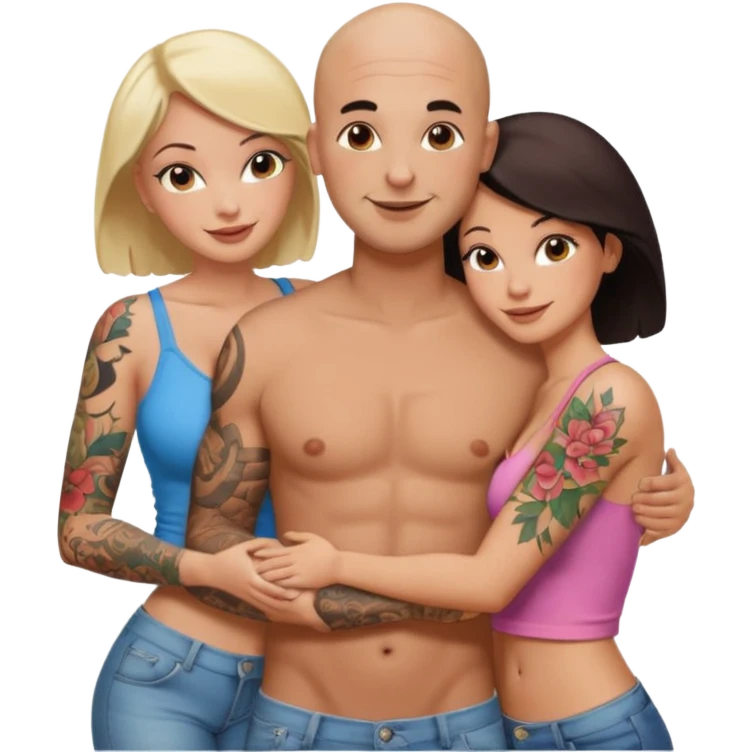 throuple tattooed sleeves bbald male with topless naked big boobed brunette and topless naked big boobed blonde girlfriends  lovingl  and sexy polygamy hott emoji