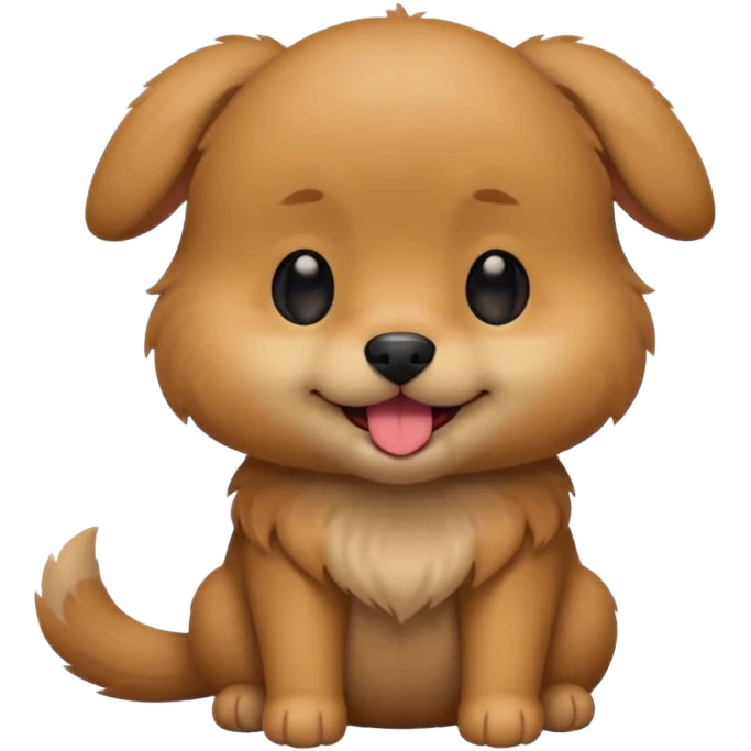 Cute small brown fluffy dog emoji icon. Round face, short muzzle, light brown fur with slightly darker ears, small black nose, happy smiling expression with tongue out. Soft friendly eyes, sitting pose with front paws together. Simple clean vector style, minimal details, kawaii style. emoji