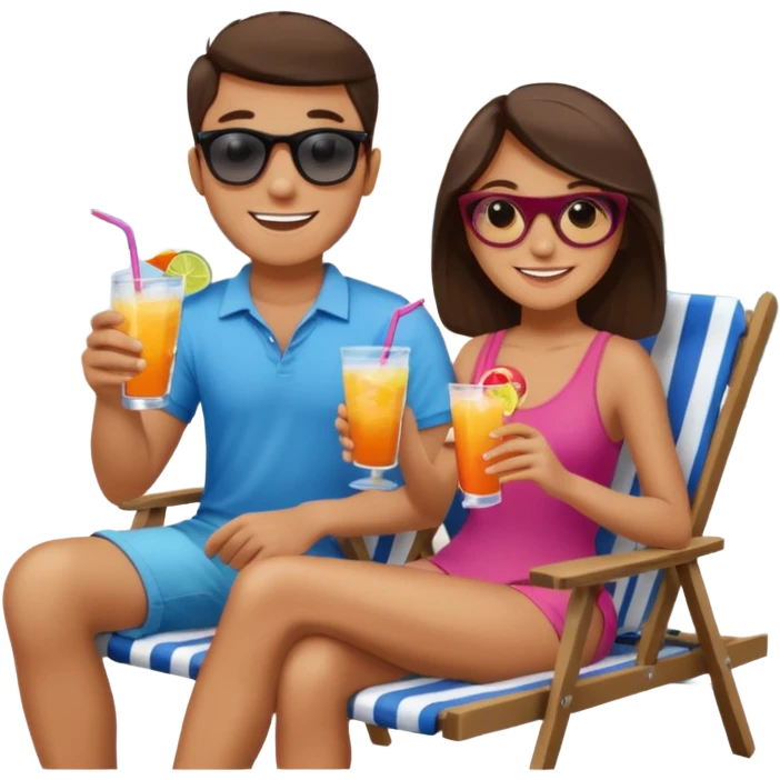 Use this image to design the faces of a young man and woman sitting in beach chairs talking with drinks in their hands on a lake dock  emoji