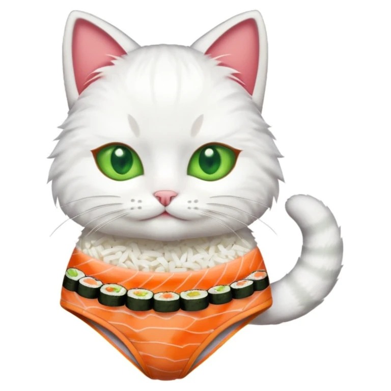 cat in a one piece swimsuit constructed from multiple sushi pieces, emoji style emoji
