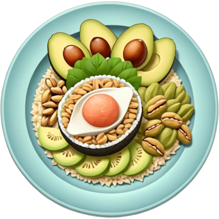 plato con comida variada granos aguacate rebanado salmon nueces arroz

 emoji