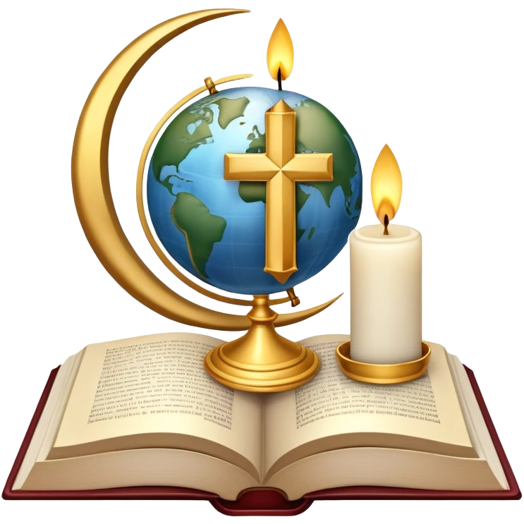 An icon featuring a holy book, a candle, and a cross, symbolizing religious studies. The design includes a globe with various religious symbols: a crescent moon and star (Islam), a lotus flower (Buddhism), representing global belief systems. Transparent background. emoji