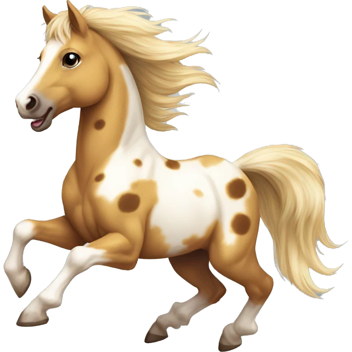 Scruffy Piebald tricolor palomino yellow brown pony with dark brown spots galloping running emoji