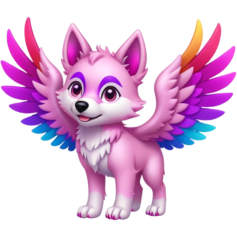 a light pink wolf pup with magenta eyes and pink and purple feathered wings and rainbow feet, flying happily  emoji