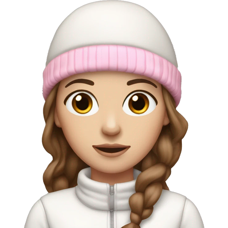 white girl with brown hair and black eyes wearing a white and pink winter outfit emoji