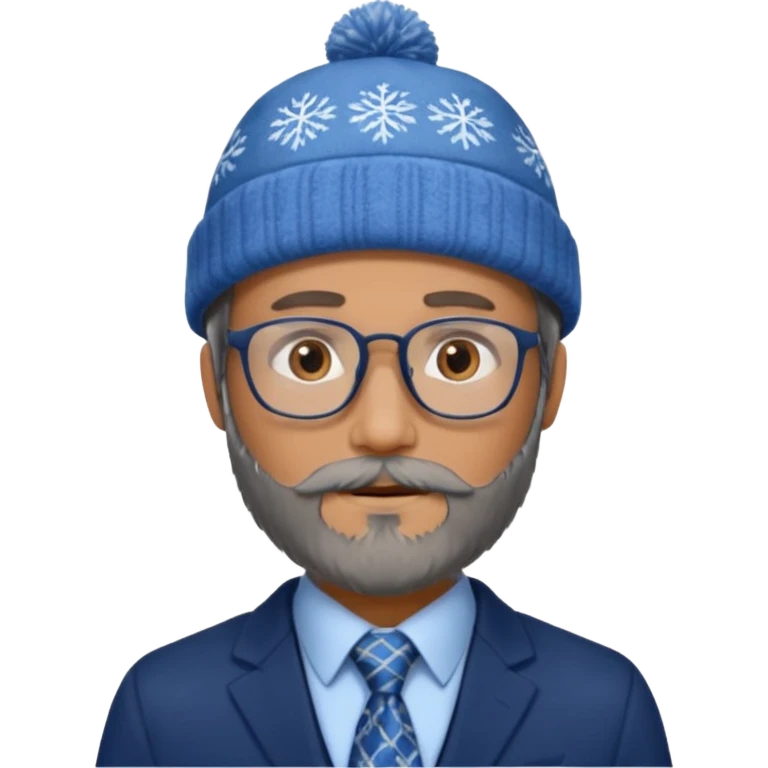 Create a figure that reflects an experienced entrepenurr but who has professional and elegant clothing, blue winter cap, grey glasses, brown eyes and an unkempt beard  emoji