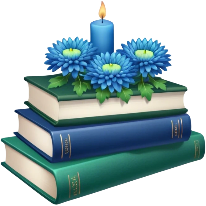 A green book stack adorned with blue chrysanthemums and a deep blue candle  emoji