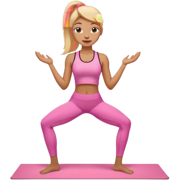 Mujer color de piel moreno claro con cabello rubio suelto y lacio, que tenga gloss en los labios y se vea usando Blush rosita, usando un top rosa deportivo y leggins deportivo rosa en una pose de yoga, viendo hacia enfrente con ojos negros y sonriendo sin mostrar los dientes emoji
