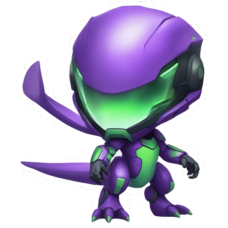 a chibi-style purple-green Genesect-Raptor-Fakémon—hybrid with a futuristic visor-helmet full body emoji