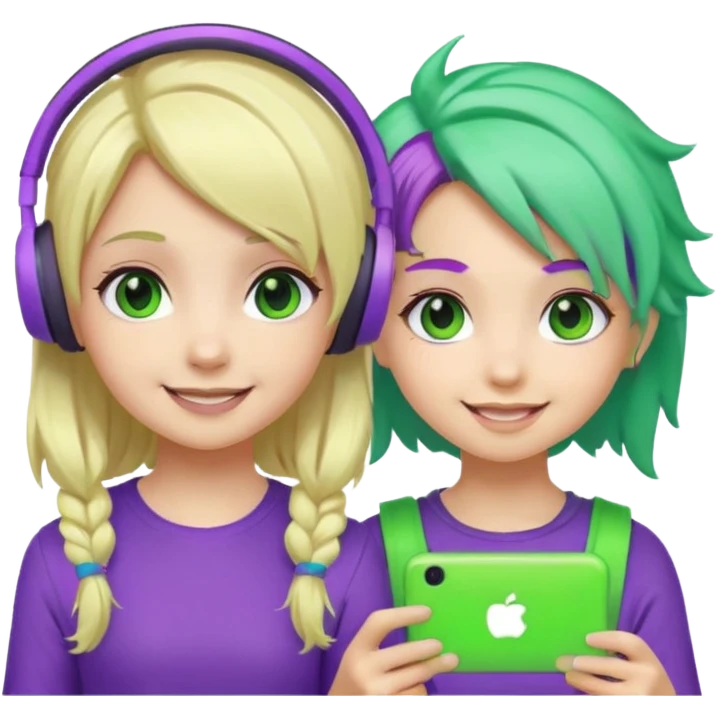 Make a blonde girl with green glowing headset on and a purple haired girl haveing fun , make them a chibi emoji page emoji