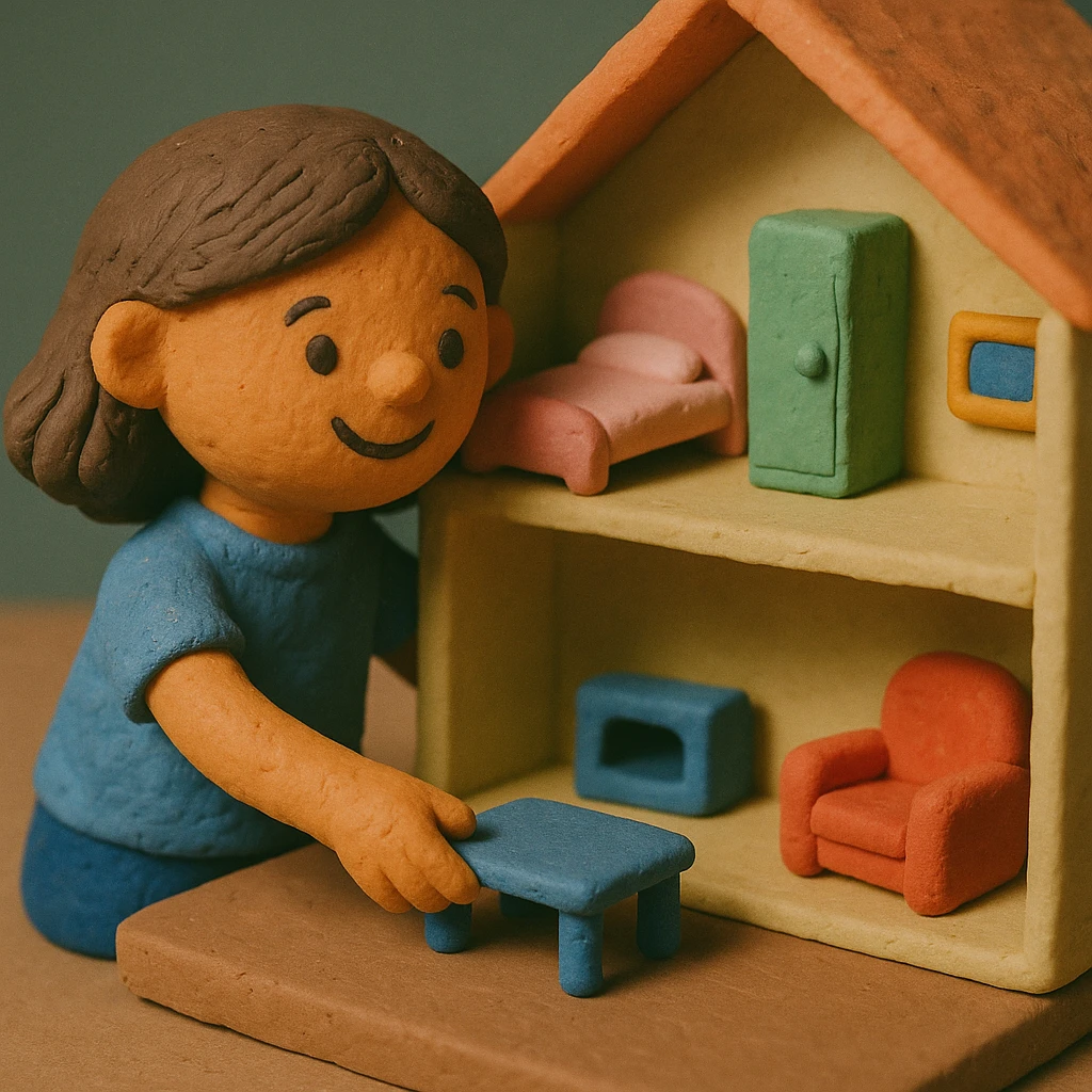 smiling girl arranging furniture in doll house emoji