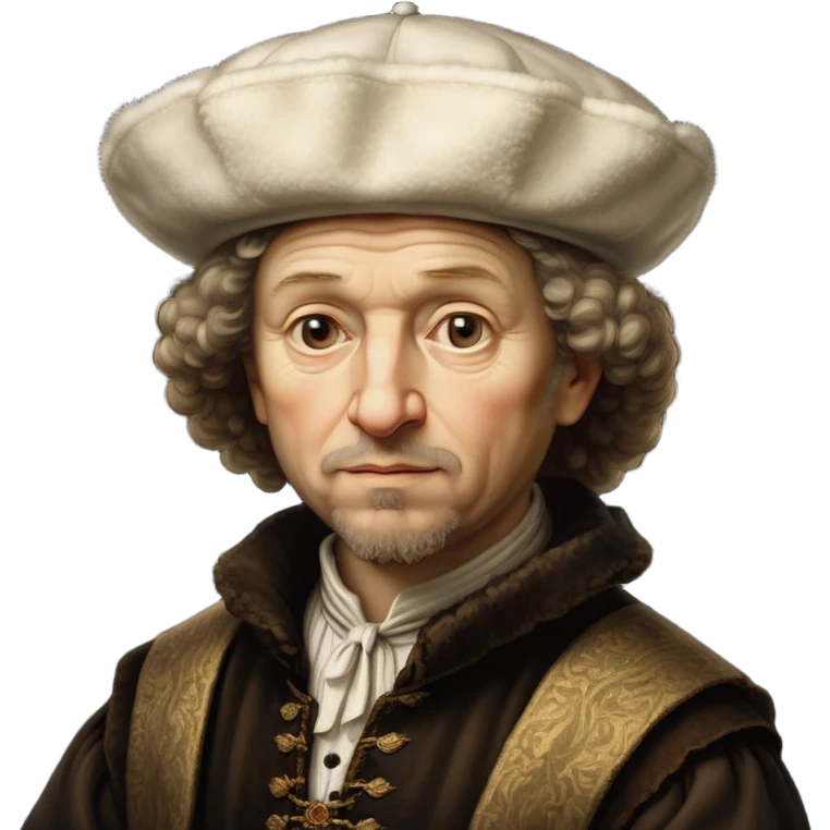 emoji of rembrandt,-shown-as-a-master-artist-with-deep,-introspective-eyes-and-richly-detailed-period-clothing,-rendered-with-dramatic-chiaroscuro-lighting-that-emphasizes-his-legacy white puffy hat emoji