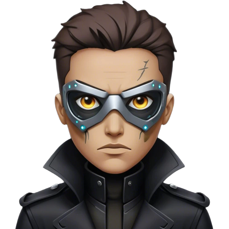 A dystopian bounty hunter, black trench coat, cybernetic eye glowing emoji