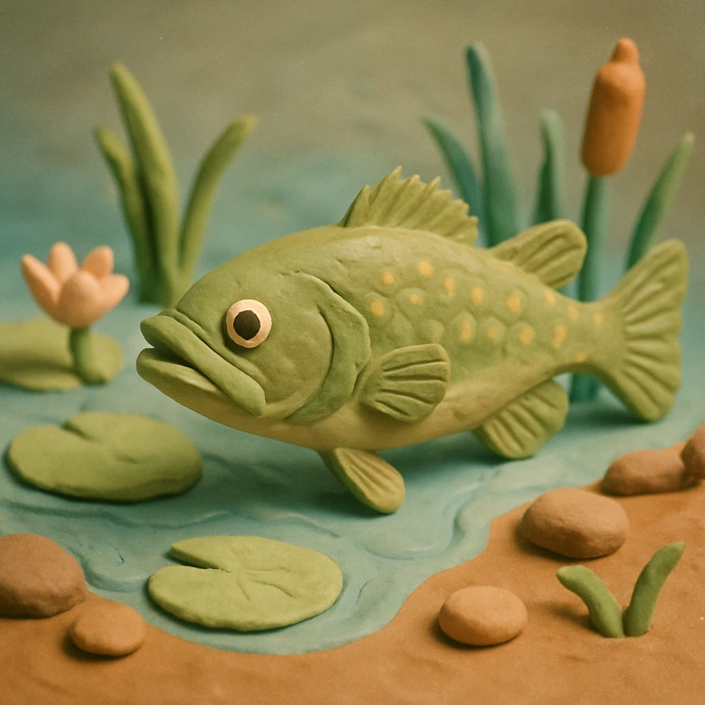 largemouth bass swimming in a pond, visible fingerprints, pastel colors, claymation style emoji