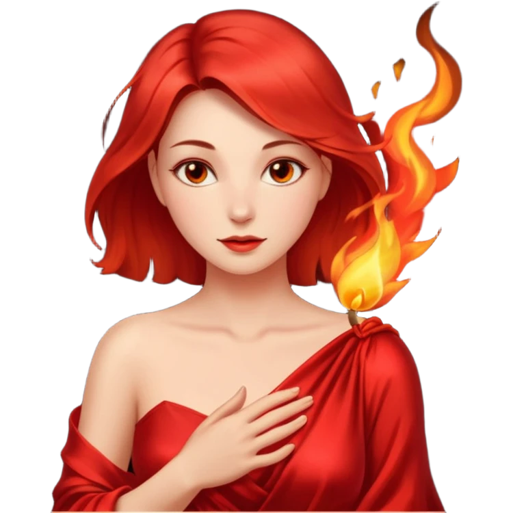 Woman slowly letting red silk fall from her shoulders, firelight flicker emoji