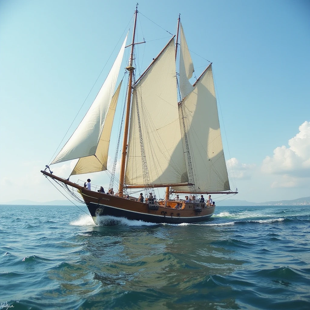 A realistic sailing scene with a boat on the water and detailed sails. emoji
