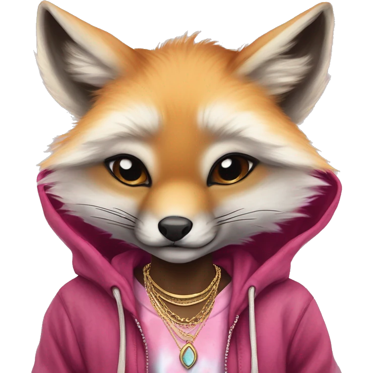Pink magenta burgundy maroon cyan beige gray fox wearing a pink hoodie with gold jewellery gold piercings gold ear piercing gold nose piercing vintage watercolour tie dye black raven wings emoji