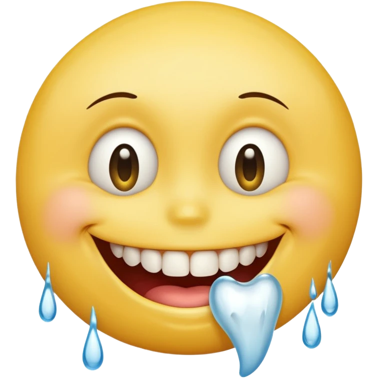 Yellow smiley face holding back tears with realistic watery eyes, and a big human tooth smile emoji