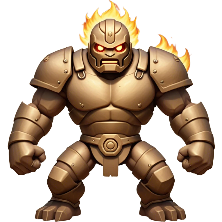 Cinematic Fierce Mighty Iron Golem Portrait Emoji Depicted mid-action in a dynamic, battle-ready stance, massive fists clenched, the ancient metallic plates along its form shifting with raw power. Its eyes blaze like molten fire within a carved, rune-etched face, exuding both divine purpose and mechanical precision. Weathered steel and dark bronze tones are accented by glowing, arcane inscriptions, each detail meticulously crafted with lifelike metallic reflections. High shine, imposing yet regal, styled with an air of indestructible might, soft glowing outline, capturing the essence of an unstoppable colossus that looks ready to charge forth with a thunderous step! emoji