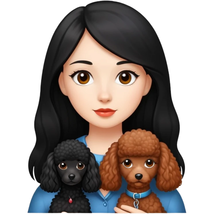 A beautiful girl with fair skin has long straight black hair and a miniature reddish-black Poodle. emoji
