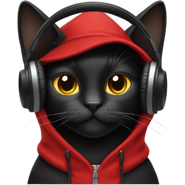 Black cat wearing red hoodie with a top hat and headphones emoji