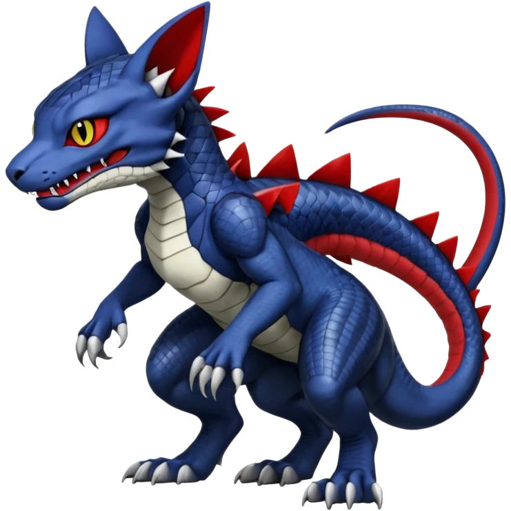 midnight blue-gray-black, with red markings, white belly, scaley scaly half-reptilian Bastet-Noibat-Gatomon-Garchomp-Digimon-Fakémon-Pokémon-feline-hybrid-creature (full body) emoji