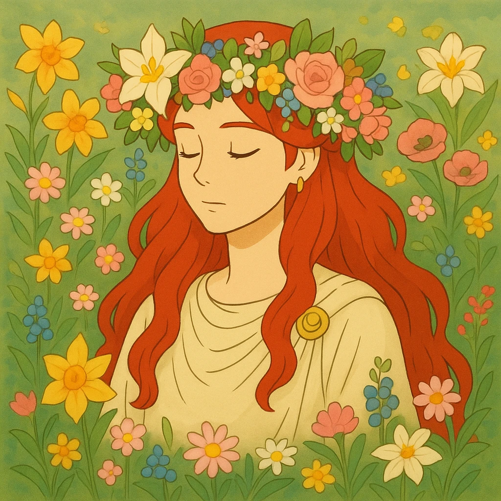 Add a crown of flowers to Persephone's head, keeping the Ghibli style and her vibrant red hair, surrounded by spring flowers. emoji