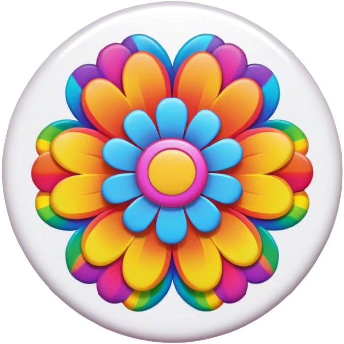 A round psychedelic colored button with rainbow colored hippie style flower border emoji