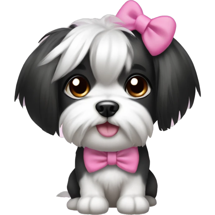 Girl dog shitzu with black and white hair with a side ponytail and a pink bow on her head with her hair sticking up emoji