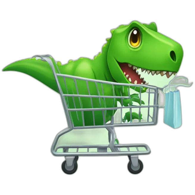 green t-rex with a green alien in a shopping cart in the style of iphone  emoji