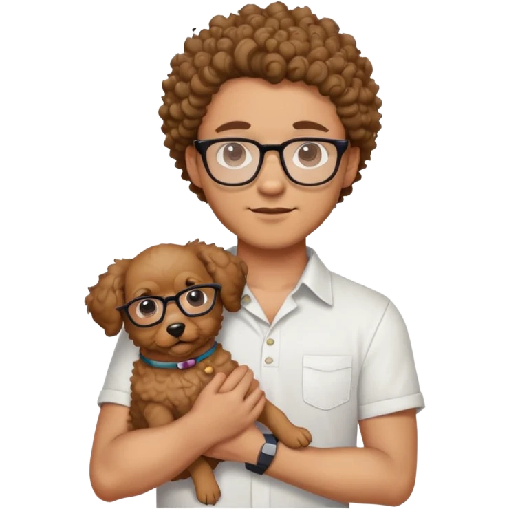 buatkan emoji laki laki kuliahan dengan rambut ikal menggunakan kacamata, menggendong anjing lucu tanpa kacamata, warna baju putih, dan latar foto putih emoji