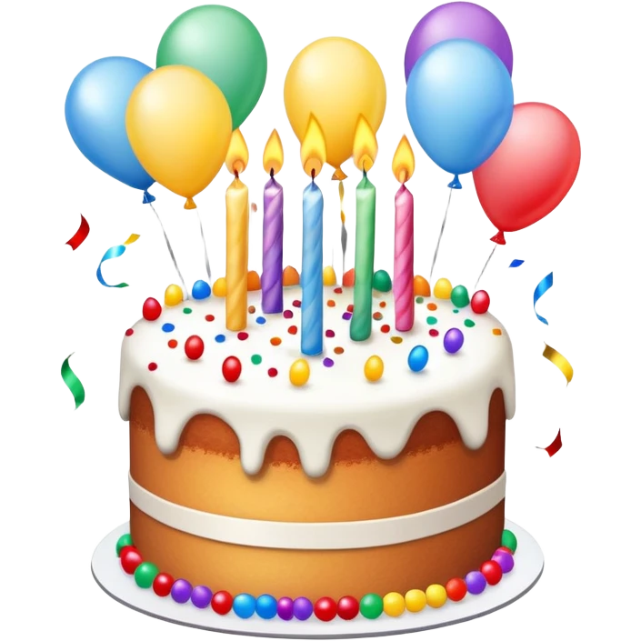 Realistic birthday cake with ballons, candles, confetti emoji